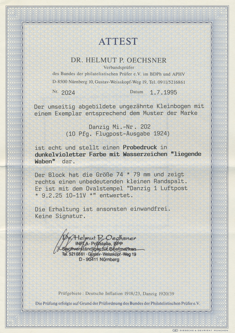 TO Danzig: 1924: Flugpost, Probedruck 10 Pfg. In Dunkelviolett, Ungezähnt Im Kleinbogen (74 X 79 Mm), W - Autres & Non Classés