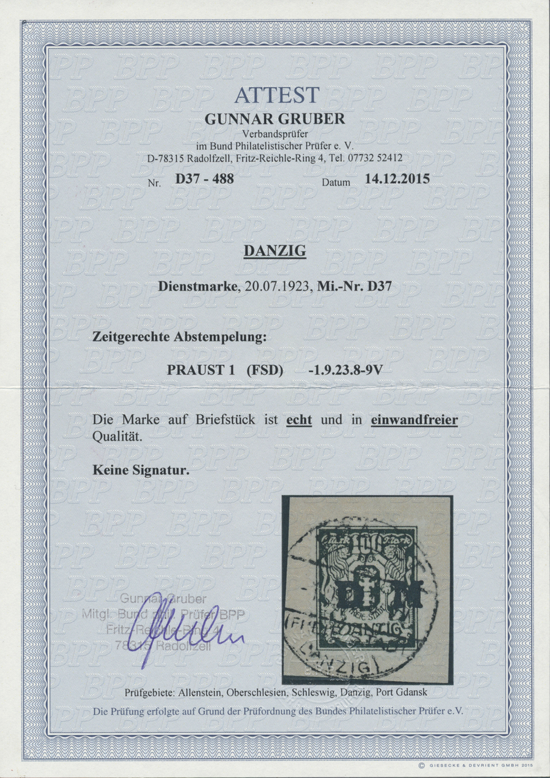 Brfst Danzig - Dienstmarken: 1923, 100 Mark Mit Aufdruck, Tadellos Gestempelt Auf Briefstück, Fotoattest " - Autres & Non Classés