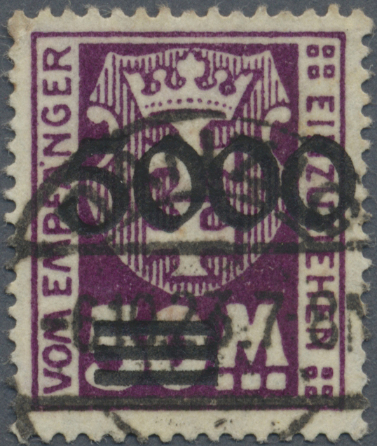 O Danzig - Portomarken: 1923, 5000 Auf 50 Mark Mit Glänzendem Aufdruck Sauber Zentral Gestempelt, Foto - Andere & Zonder Classificatie