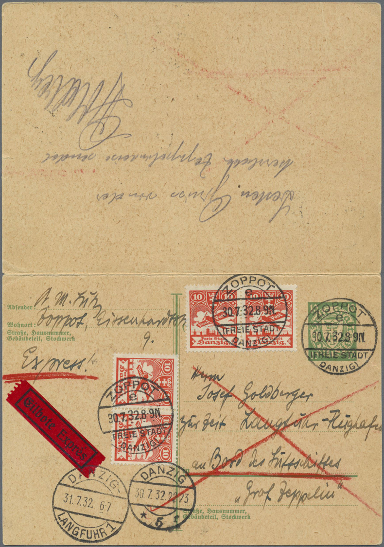 GA Danzig - Ganzsachen: 1932. Doppelkarte 10+10 Pf Grün Wappen Als Expresskarte Mit Zfr 2 Paare Luftpos - Andere & Zonder Classificatie