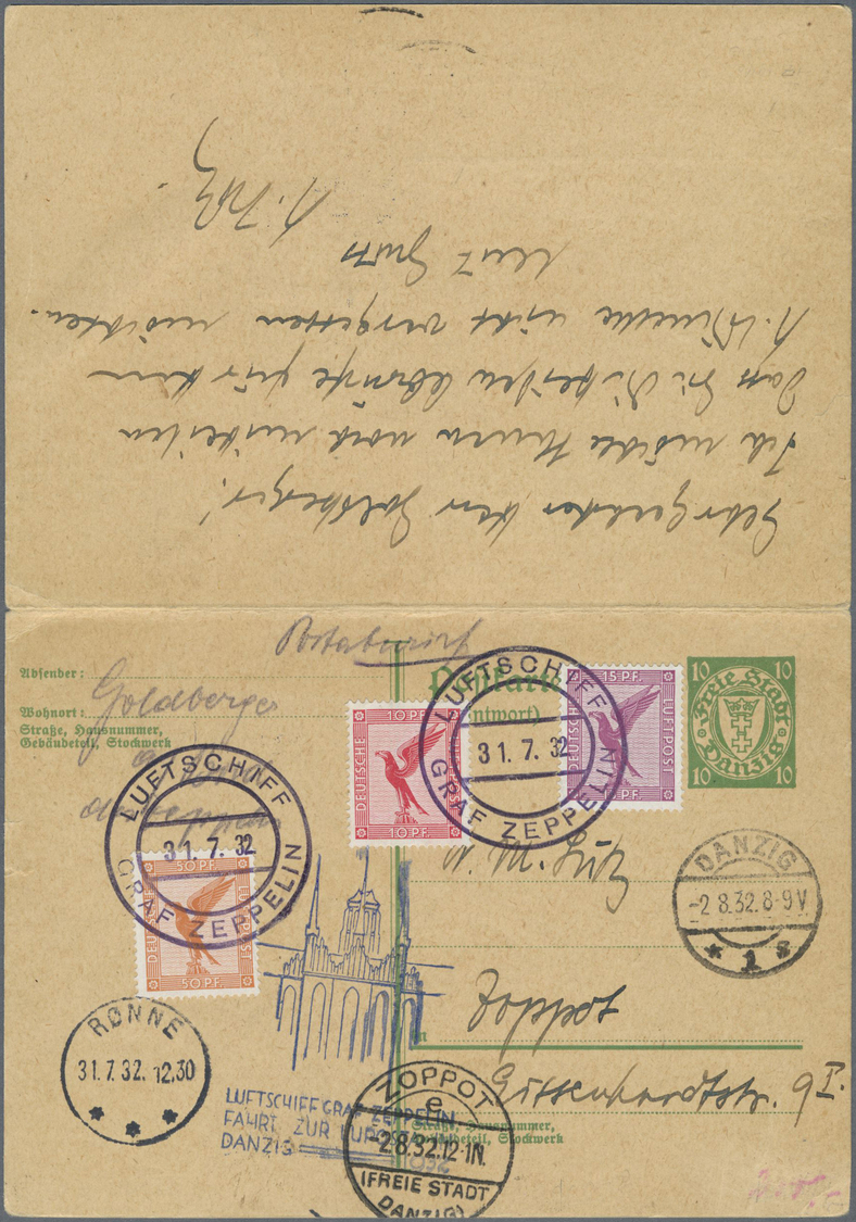 GA Danzig - Ganzsachen: 1932. Doppelkarte 10+10 Pf Grün Wappen Als Expresskarte Mit Zfr 2 Paare Luftpos - Andere & Zonder Classificatie