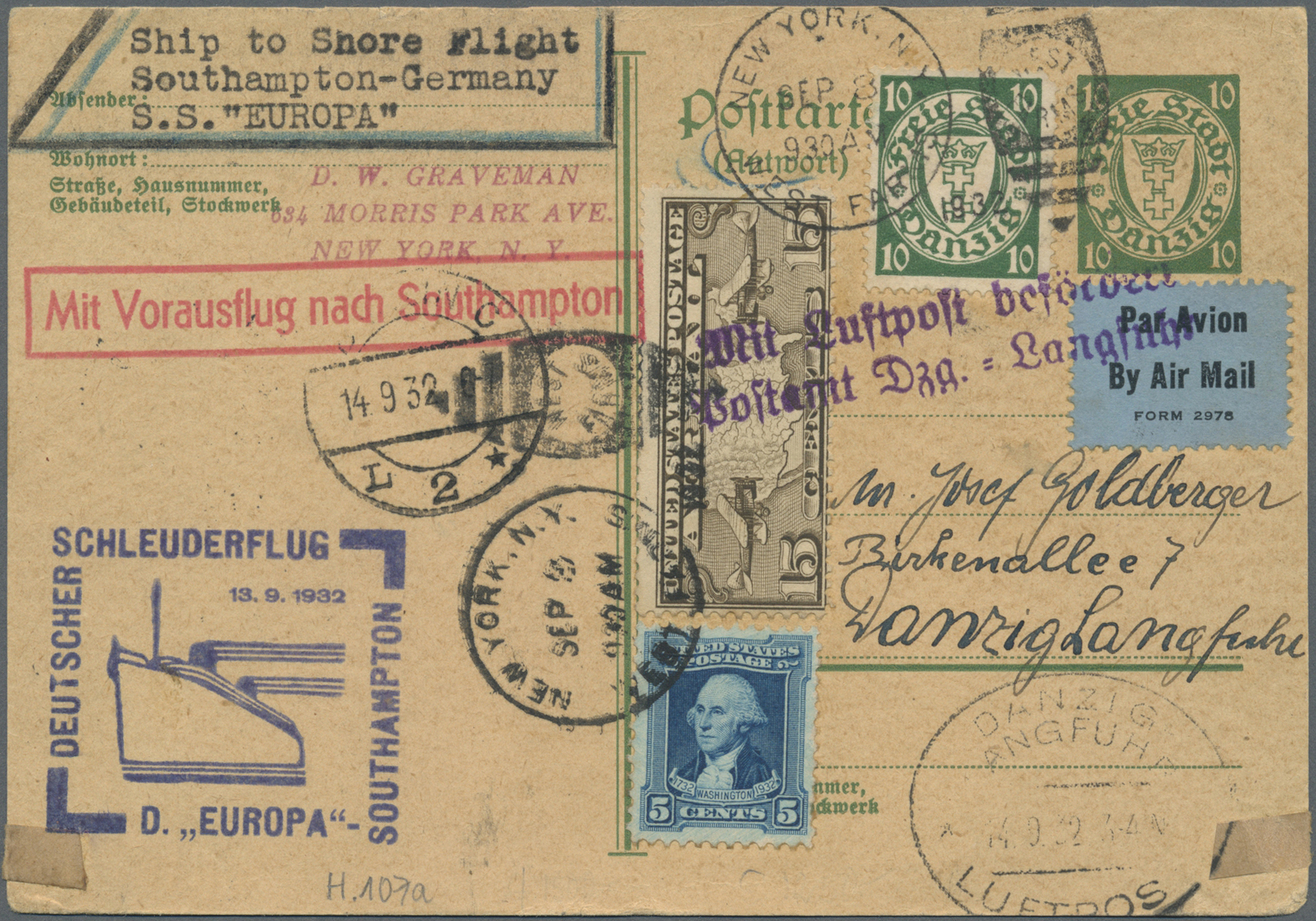 GA Danzig - Flugpost: 1932 (13.9.) "DEUTSCHER SCHLEUDERFLUG D. EUROPA-SOUTH HAMPTON" Auf Danzig GA-Antw - Andere & Zonder Classificatie