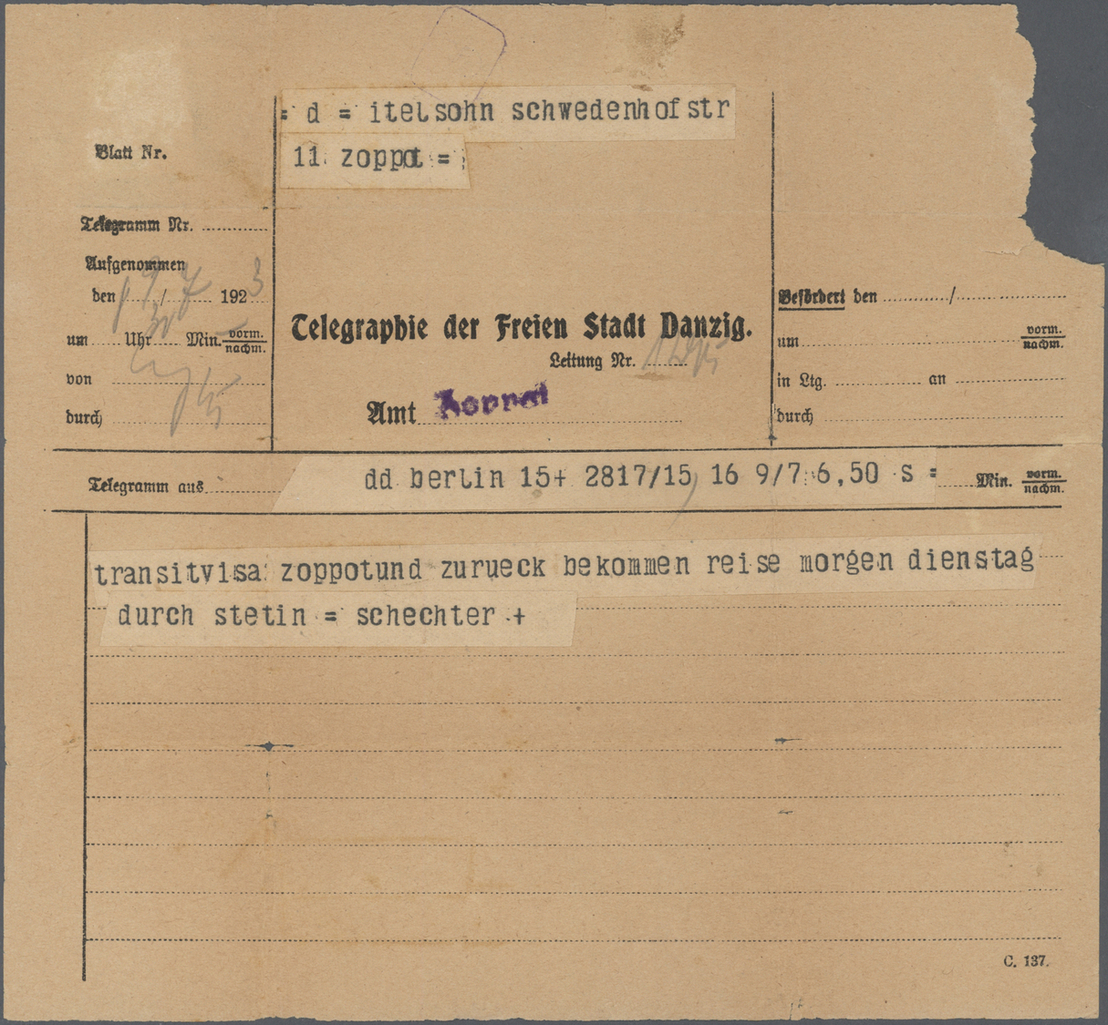 Br Danzig - Besonderheiten: 1923, Zwei Gebrauchte Telegramme "Telegraphie Der Freien Stadt Danzig" An D - Andere & Zonder Classificatie