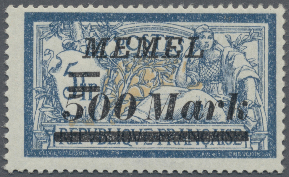 ** Memel: 1923, 500 M. Auf 5 Fr. Schwärzlichblau/hellbraunocker, Nicht Mehr Ausgegebene Marke, Postfris - Memelland 1923