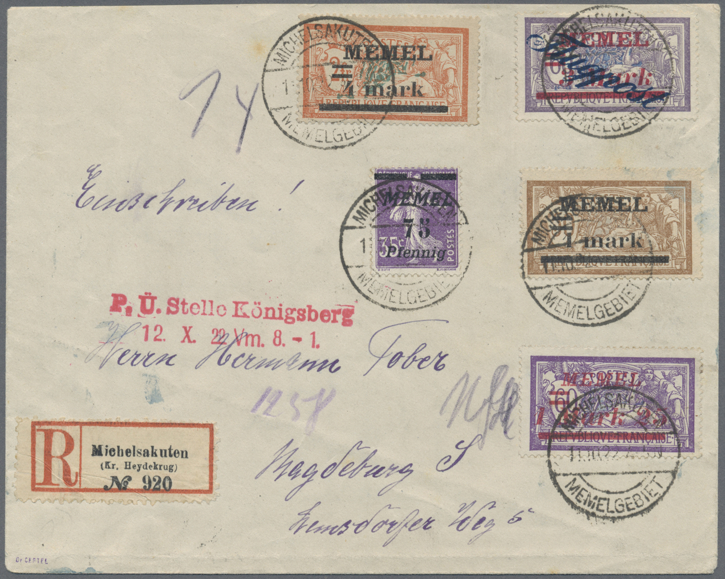 Br Memel: 1922, 3 M. Auf 60 C. Flugpost Mit Angegebener, Portogerechter Zufrankatur Auf R-Brief Aus "MI - Memelland 1923