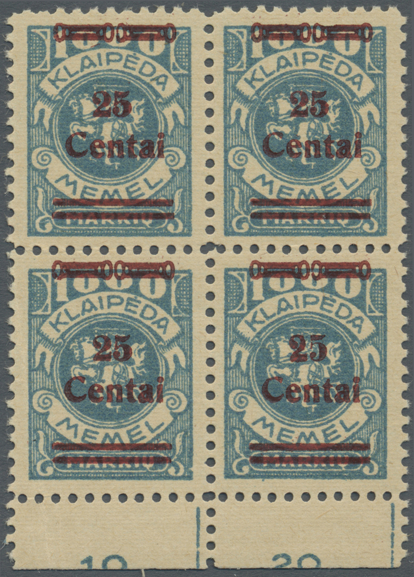 **/ Memel: 1923, 25 C. Auf 1000 M. Grünlichblau, Unterrand-Viererblock, Dabei Rechte Untere Marke In Auf - Memel (Klaïpeda) 1923