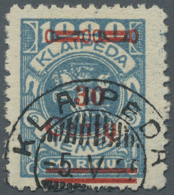 O Memel: 1923, 30 C. Auf 1000 M. Grünlichblau, Aufdrucktype IV, Sauber Gestempelt, Kabinett, Signiert - Memelland 1923