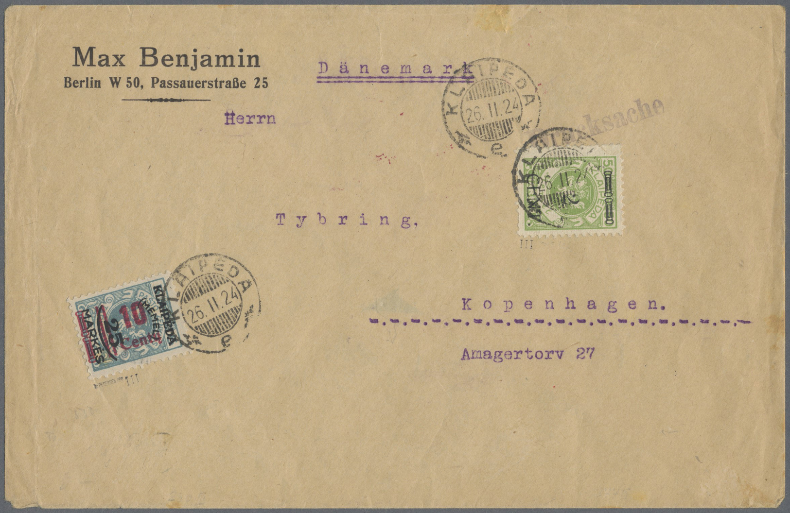 Br Memel: 1923, 10 C. Auf 25 M. Auf 5 C. Grünlichblau, Aufdrucktype III Und 2 C. Auf 50 M. Gelbgrün Mit - Memel (Klaïpeda) 1923