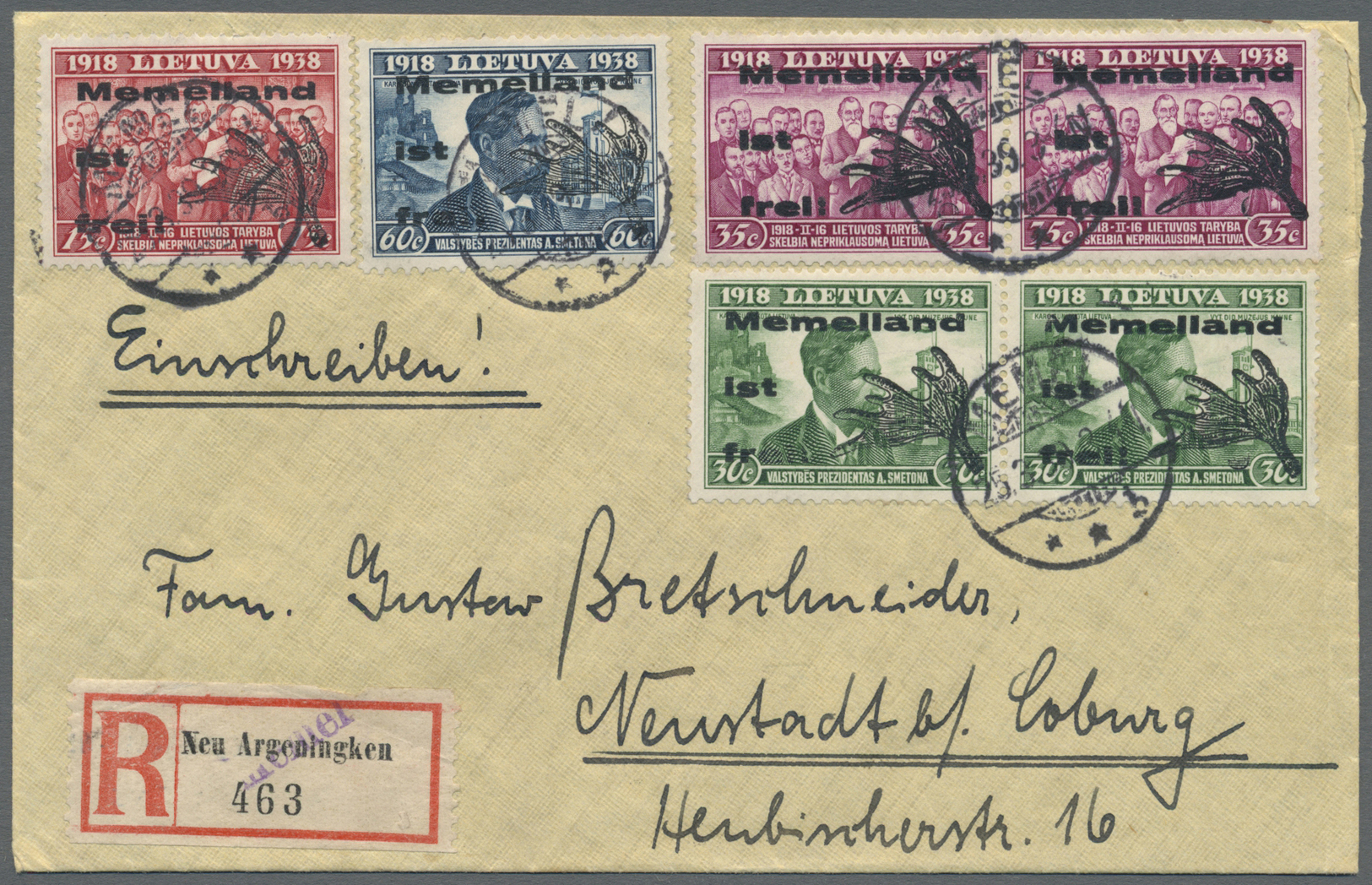 Br Memel: 35 Cent Type I (Paar) 30 Cent Type II (Paar) Und 15 U. 60 Cent Type III Auf R-Brief Von Memel - Memelland 1923