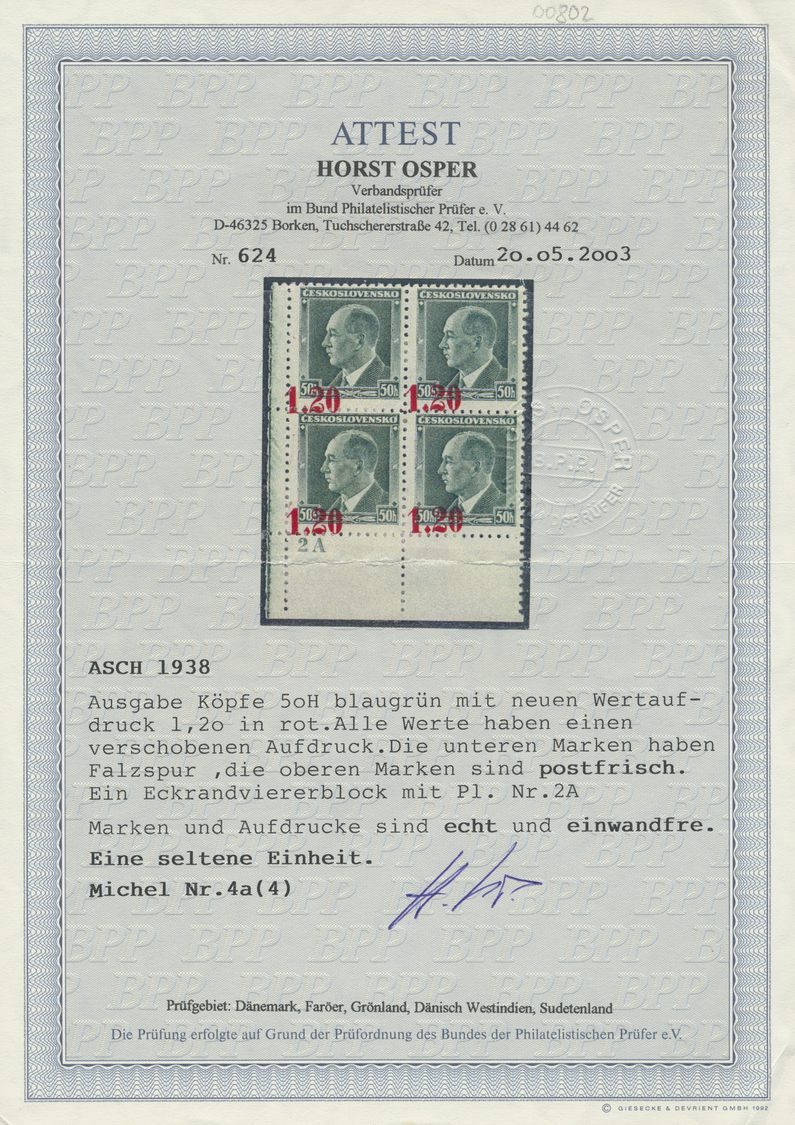 **/*/ Sudetenland - Asch: 1938, 1,20 Kc. Auf 50 H. Benes Mit Aufdruck In Lebhaftmagenta, Viererblock Aus D - Région Des Sudètes