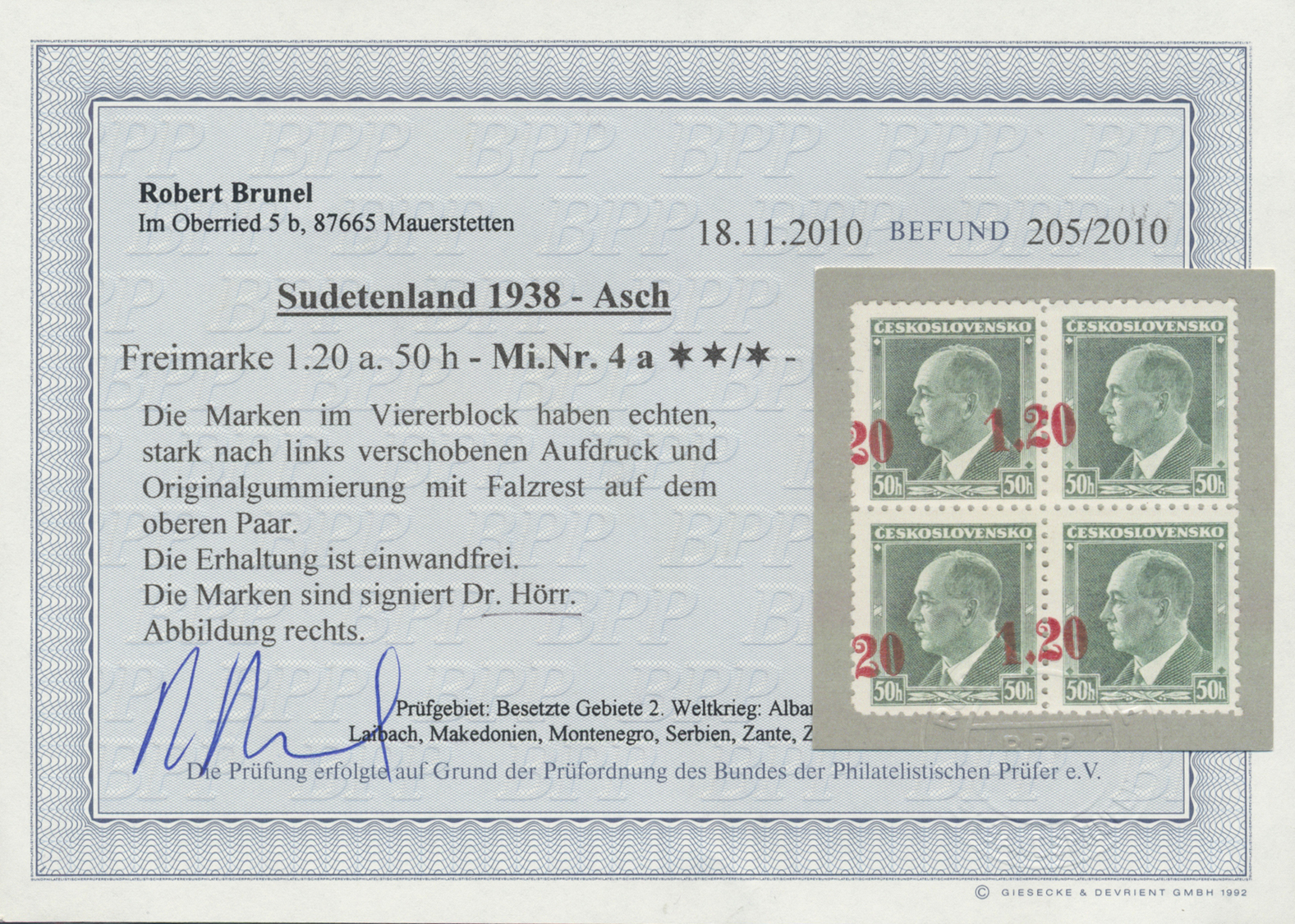 **/*/ Sudetenland - Asch: 1938, 1,20 Kc. Auf 50 H. Benes Mit Aufdruck In Lebhaftmagenta, Viererblock Mit S - Sudetenland