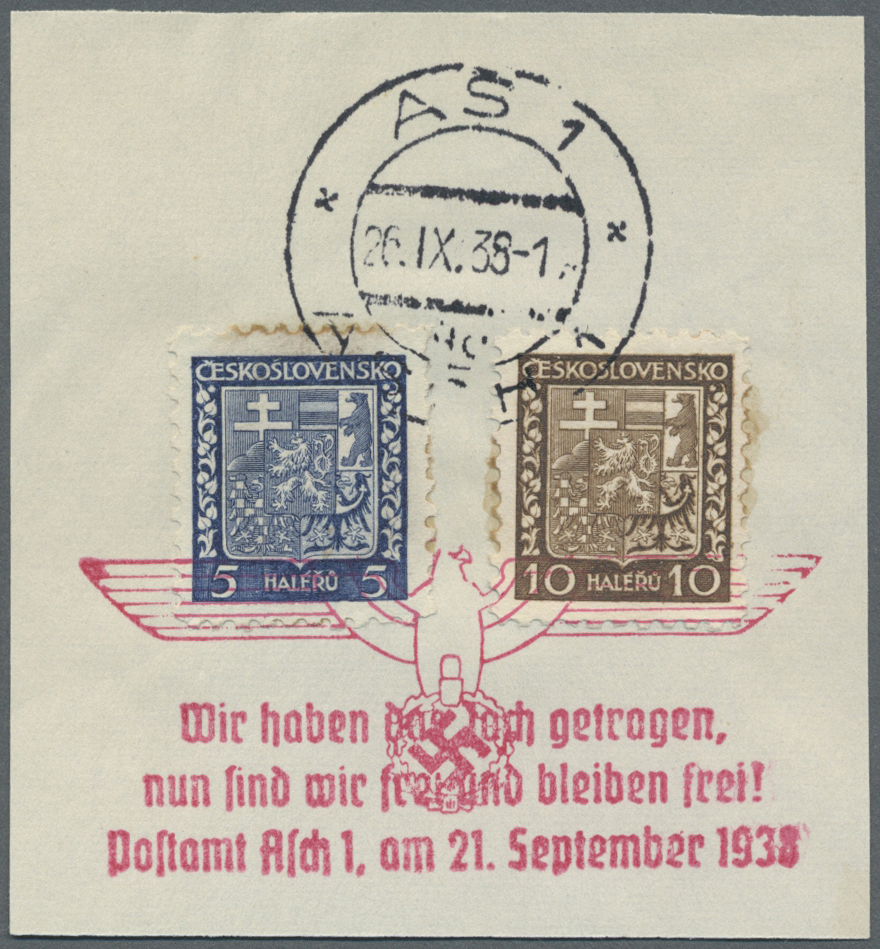 Brfst Sudetenland - Asch: 1938, Stempel "ASCH 19.10.38 Wir Sind Frei" Auf Doppelstück 6 Pfg. Hindenburg (o - Sudetenland