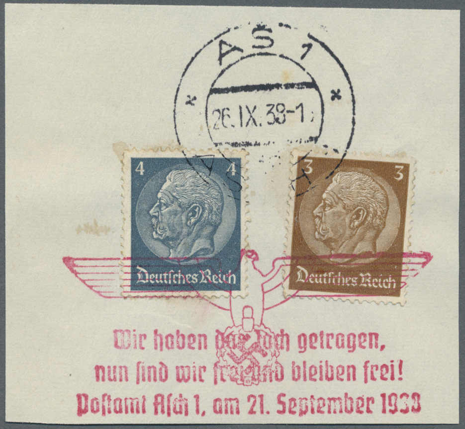 Brfst Sudetenland - Asch: 1938, Stempel "ASCH 19.10.38 Wir Sind Frei" Auf Doppelstück 6 Pfg. Hindenburg (o - Région Des Sudètes