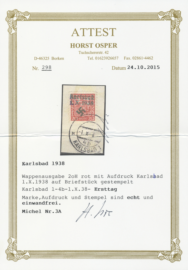 Brfst Sudetenland - Karlsbad: 1938, 1938, 20 H. Und 30 H. Staatswappen Auf Zwei Briefstück Je Mit Ersttags - Sudetenland