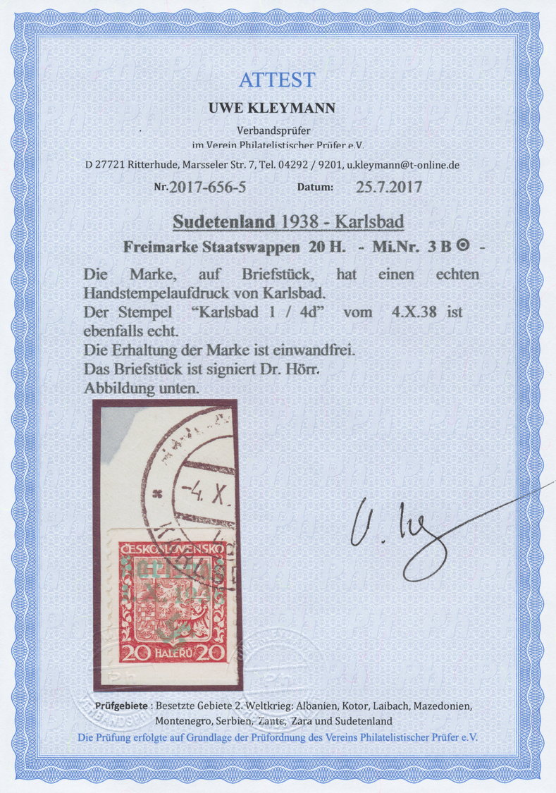 Brfst Sudetenland - Karlsbad: 20 H Staatswappen, Rollenmarke Auf Briefstück, Attest Kleymann VP - Sudetenland
