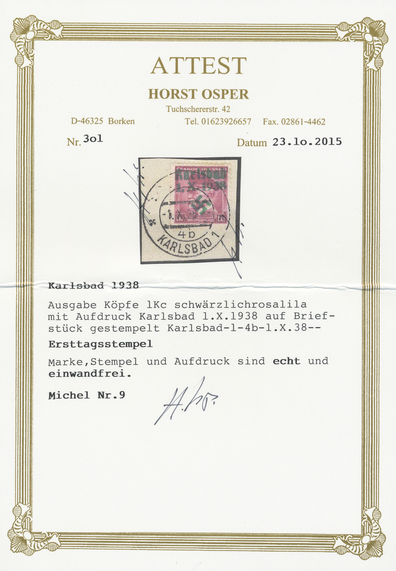 Brfst Sudetenland - Karlsbad: 1938, 40 H. Komensky Und 1 Kc. Masaryk Auf Briefstück Mit Ersttagsstempel "K - Région Des Sudètes