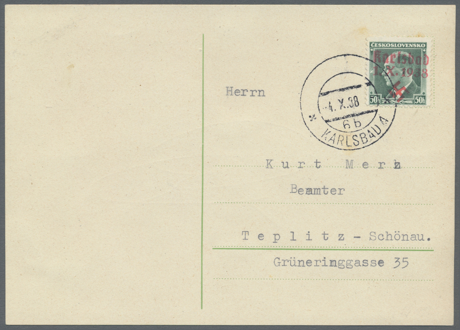 Br Sudetenland - Karlsbad: Benesch U. Masary Auf Sauberer Karte Bzw. Brief - Sudetenland