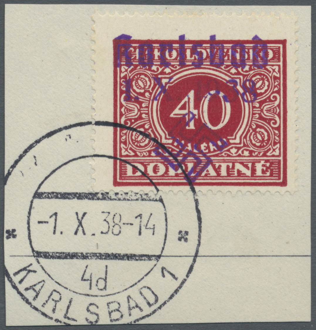Brfst Sudetenland - Karlsbad: 1938, 40 H. Portomarke Mit Ersttagsstempel "KARLSBAD 4d 1.X.38" Auf Briefstü - Région Des Sudètes