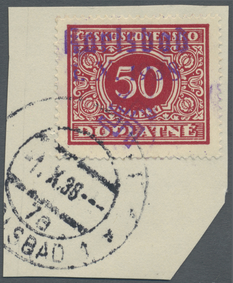 Brfst Sudetenland - Karlsbad: 1938, 50 H. Portomarke Mit Ersttagsstempel "KARLSBAD 4d 1.X.38" Auf Briefstü - Sudetenland