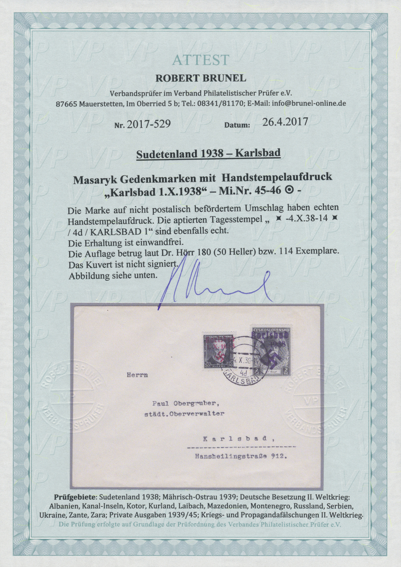Br Sudetenland - Karlsbad: 1938, 50 H. Und 2 Kc. Tod Von Masaryk Auf Adressiertem Umschlag Aus "KARLSBA - Région Des Sudètes