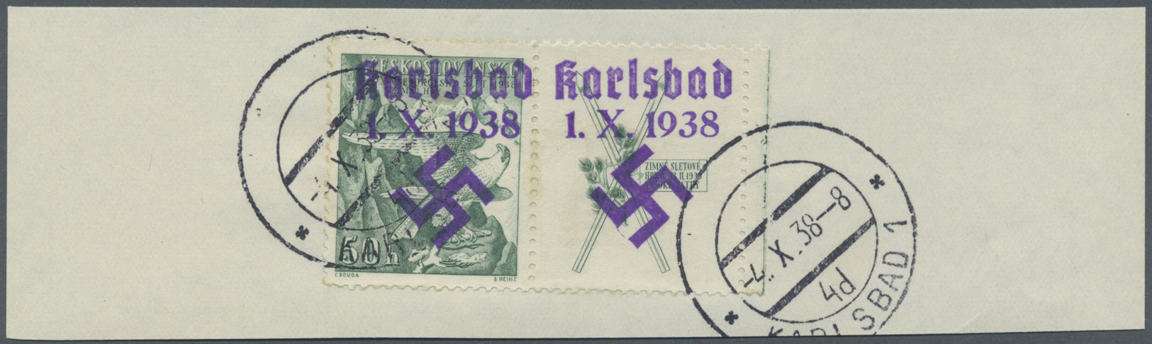 Brfst Sudetenland - Karlsbad: 1938, 50 H. Sokol Mit überdrucktem Zierfeld Rechts, Randstück Mit Stempel "K - Sudetenland