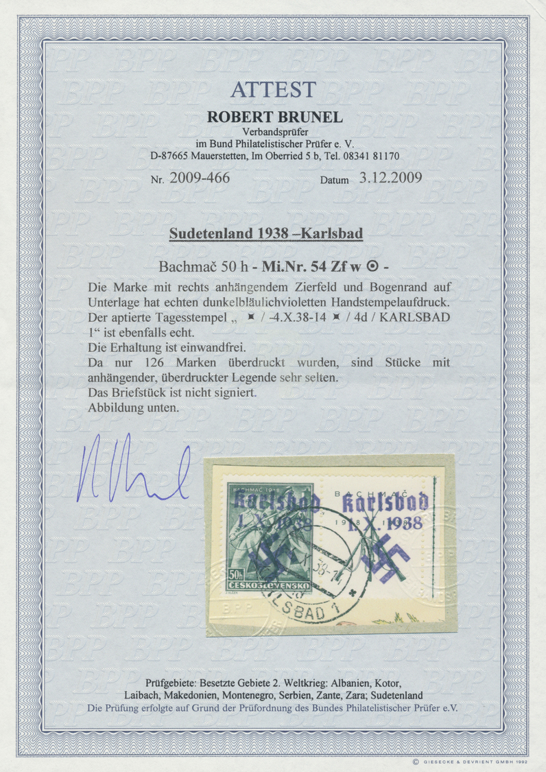Brfst Sudetenland - Karlsbad: 1938, 50 H. Bachmatsch Mit überdrucktem Zierfeld Rechts Mit Stempel "KARLSBA - Sudetenland