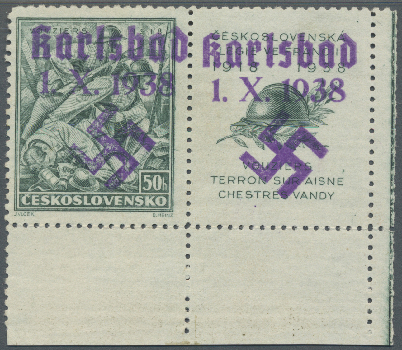 * Sudetenland - Karlsbad: 1938, 50 H. Vouziers Aus Der Rechten Unteren Bogenecke Mit überdruckten Leer - Région Des Sudètes