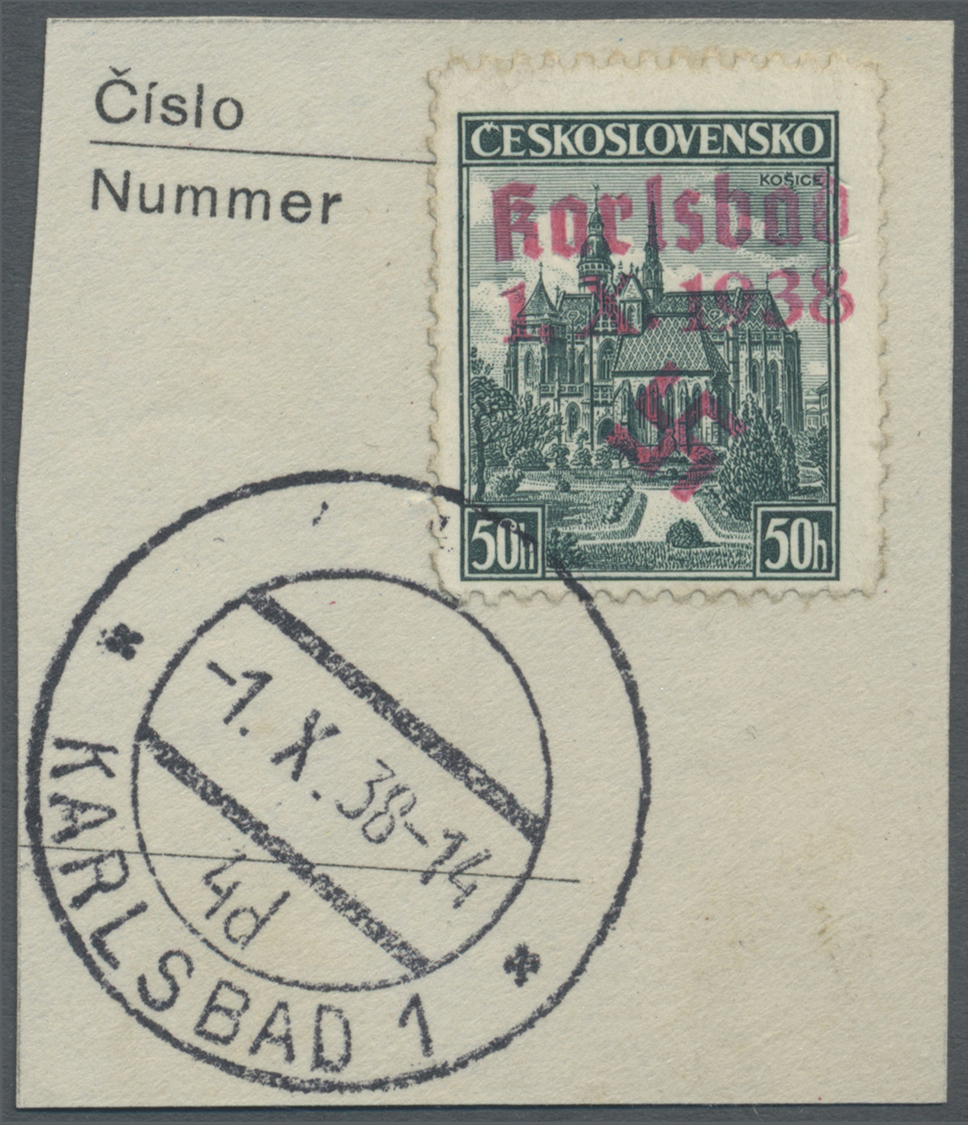 Brfst Sudetenland - Karlsbad: 1938, 50 H. Kaschau Mit Ersttagsstempel "KARLSBAD 4d 4.X.38" Auf Briefstück, - Région Des Sudètes