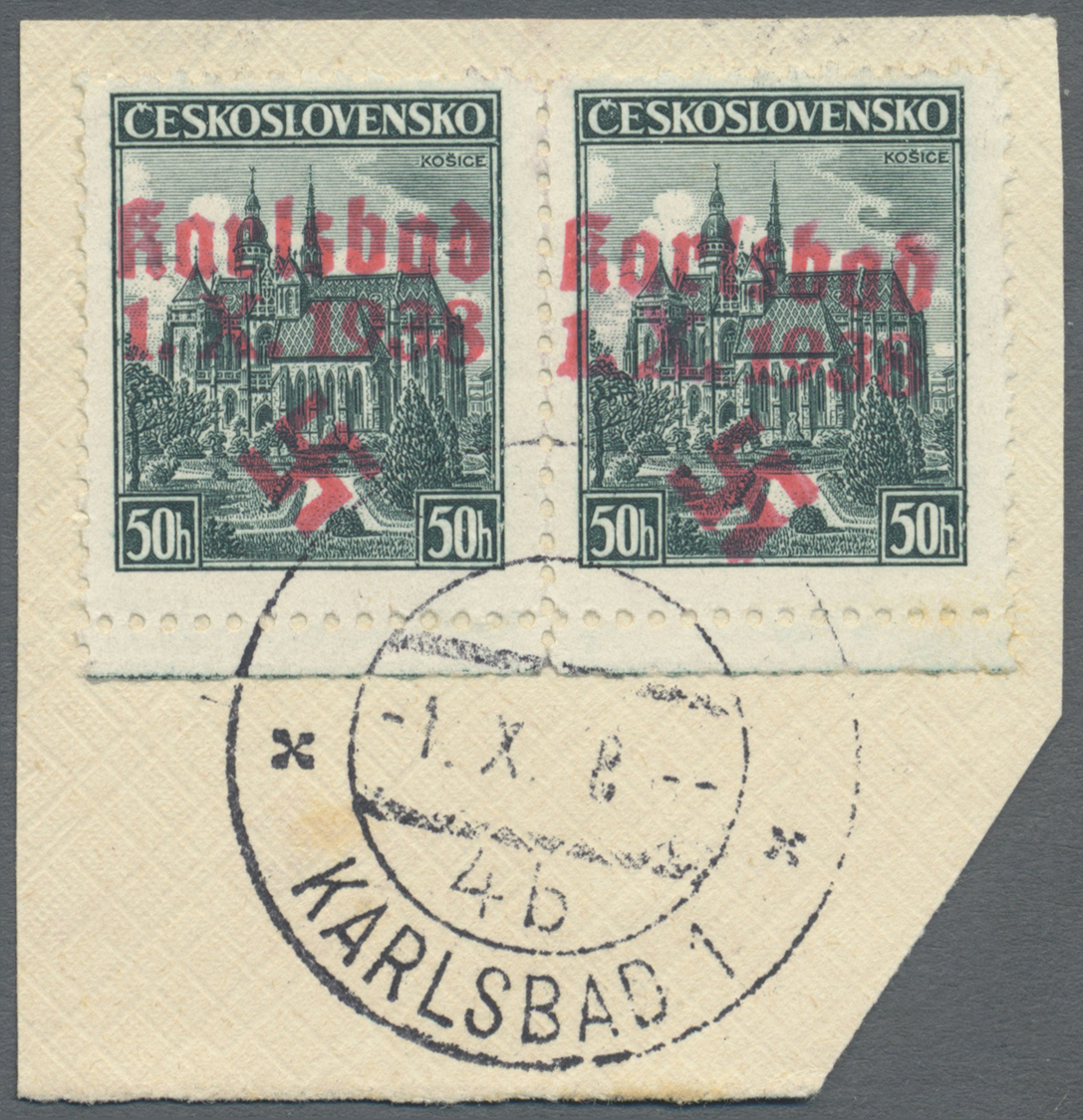 Brfst Sudetenland - Karlsbad: 1938, 50 H. Kaschau Im Waagerechten Unterrandpaar Mit Ersttagsstempel "KARLS - Sudetenland