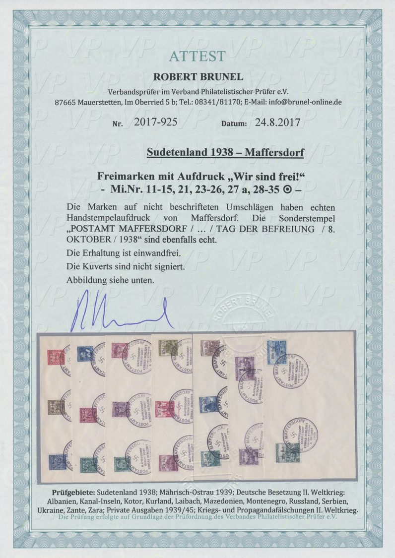 Brfst Sudetenland - Maffersdorf: 1938, Freimarken 5 H. bis 1.60 Kc., 19 Werte auf sieben Blanko-Kuverts je