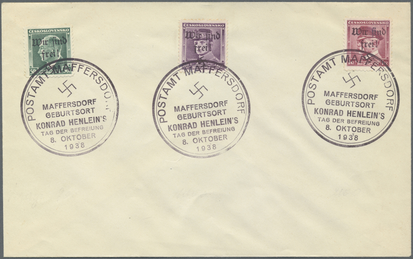 Brfst Sudetenland - Maffersdorf: 1938, Freimarken 5 H. bis 1.60 Kc., 19 Werte auf sieben Blanko-Kuverts je
