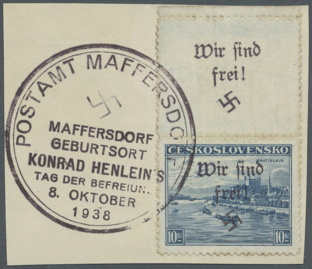 Brfst Sudetenland - Maffersdorf: 1938, 10 Kc. Stadtbilder Mit überdrucktem Leerfeld Oben Auf Briefstück, E - Sudetenland