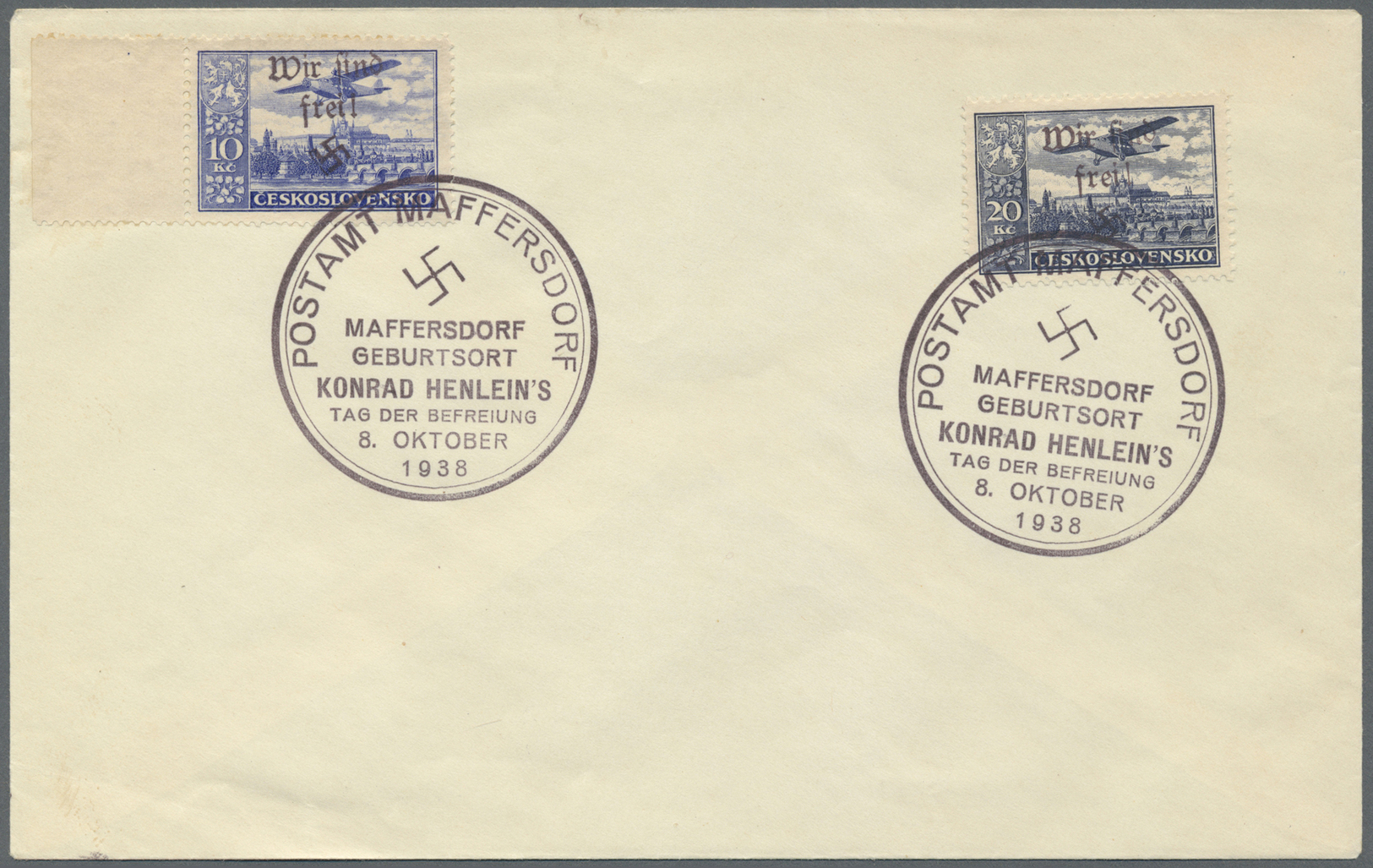 Brfst Sudetenland - Maffersdorf: 1938, Flugpostmarken 50 H. Bis 20 Kc., Kompletter Satz Von Acht Werten (1 - Sudetenland