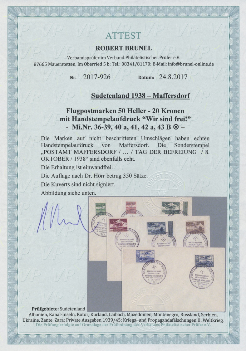 Brfst Sudetenland - Maffersdorf: 1938, Flugpostmarken 50 H. bis 20 Kc., kompletter Satz von acht Werten (1