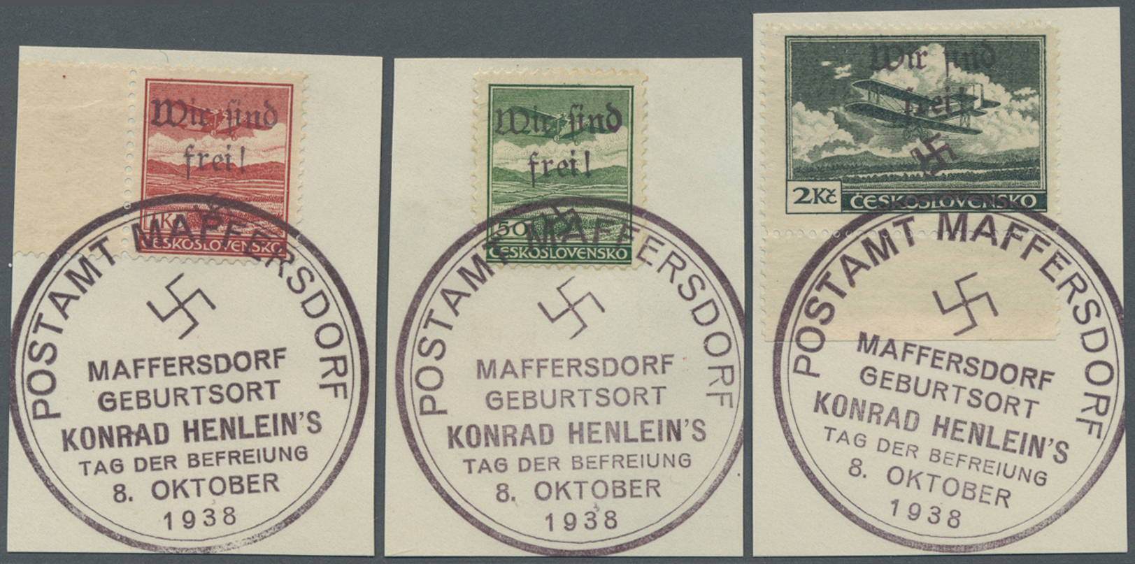Brfst Sudetenland - Maffersdorf: 1938, 50 H. Bis 20 Kc. Flugpost, Kompletter Satz Auf Acht Kabinettbriefst - Sudetenland
