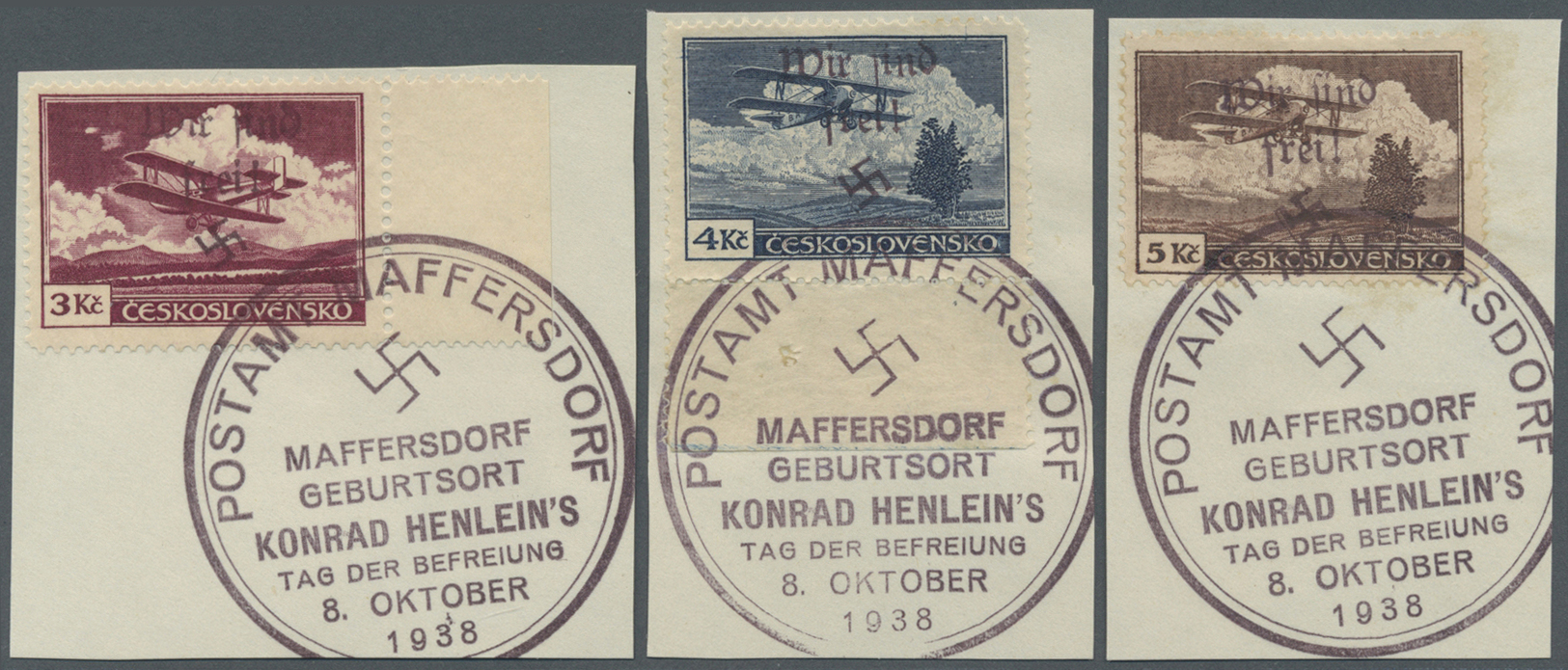 Brfst Sudetenland - Maffersdorf: 1938, 50 H. Bis 20 Kc. Flugpost, Kompletter Satz Auf Acht Kabinettbriefst - Sudetenland