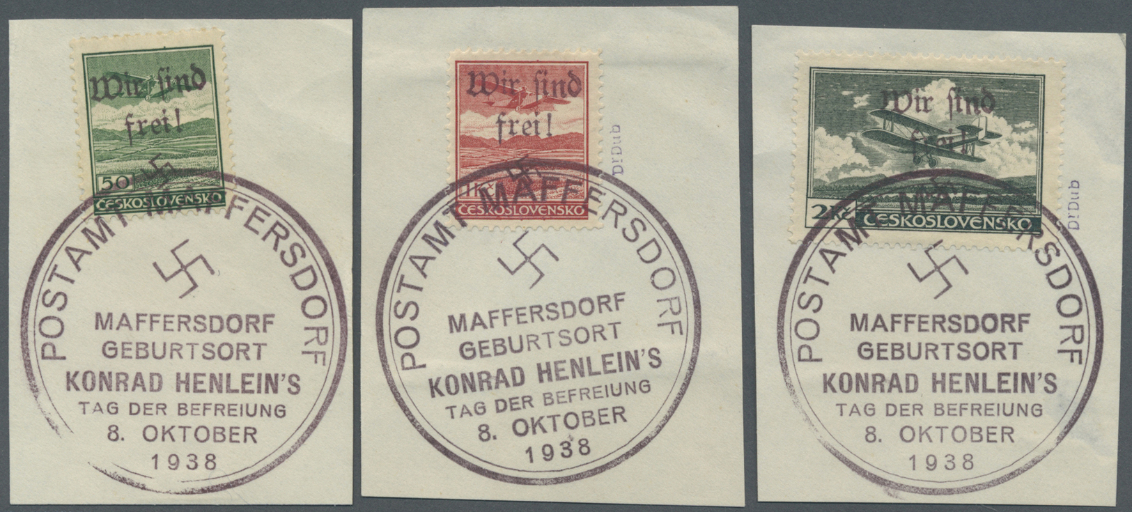 Brfst Sudetenland - Maffersdorf: 1938, 50 H. Bis 20 Kc. Flugpost, Kompletter Satz Auf Acht Briefstücken, B - Région Des Sudètes