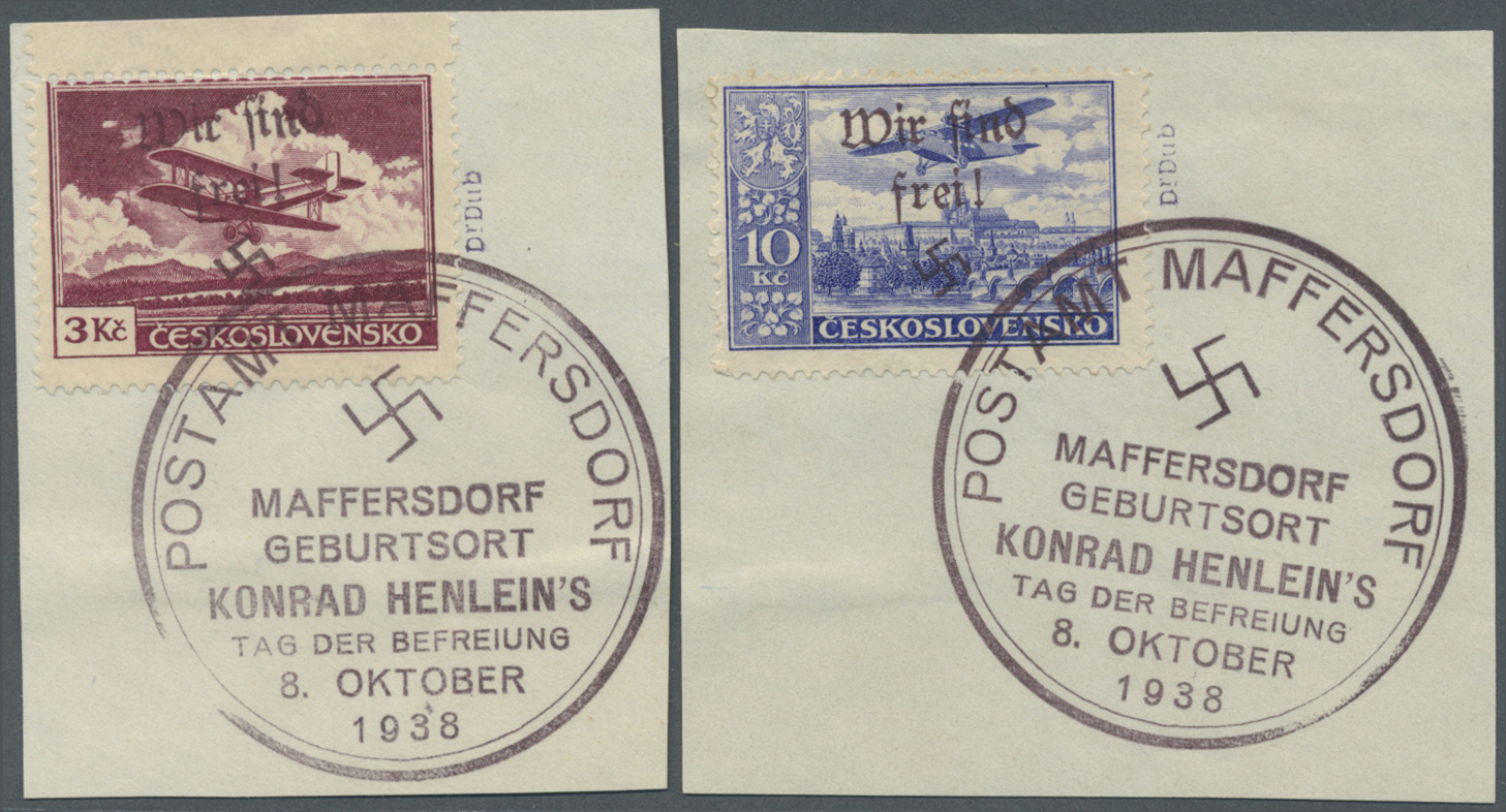 Brfst Sudetenland - Maffersdorf: 1938, 50 H. Bis 20 Kc. Flugpost, Kompletter Satz Auf Acht Briefstücken, B - Région Des Sudètes