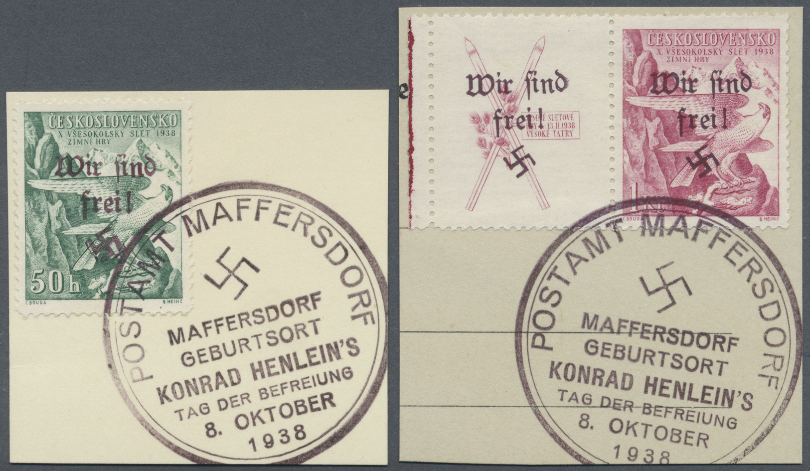 Brfst Sudetenland - Maffersdorf: 1938, 50 H. Und 1 Kc. Sokol Auf Zwei Kabinett-Briefstücken, Signiert Dr. - Région Des Sudètes