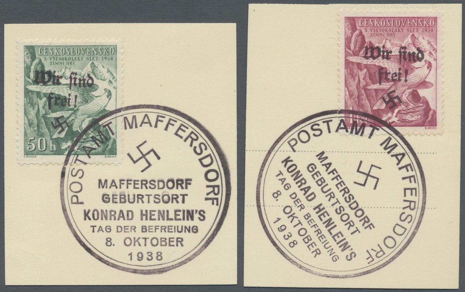 Brfst Sudetenland - Maffersdorf: 1938, 50 H. Und 1 Kc. Sokol Auf Zwei Kabinett-Briefstücken, Signiert Brun - Sudetenland