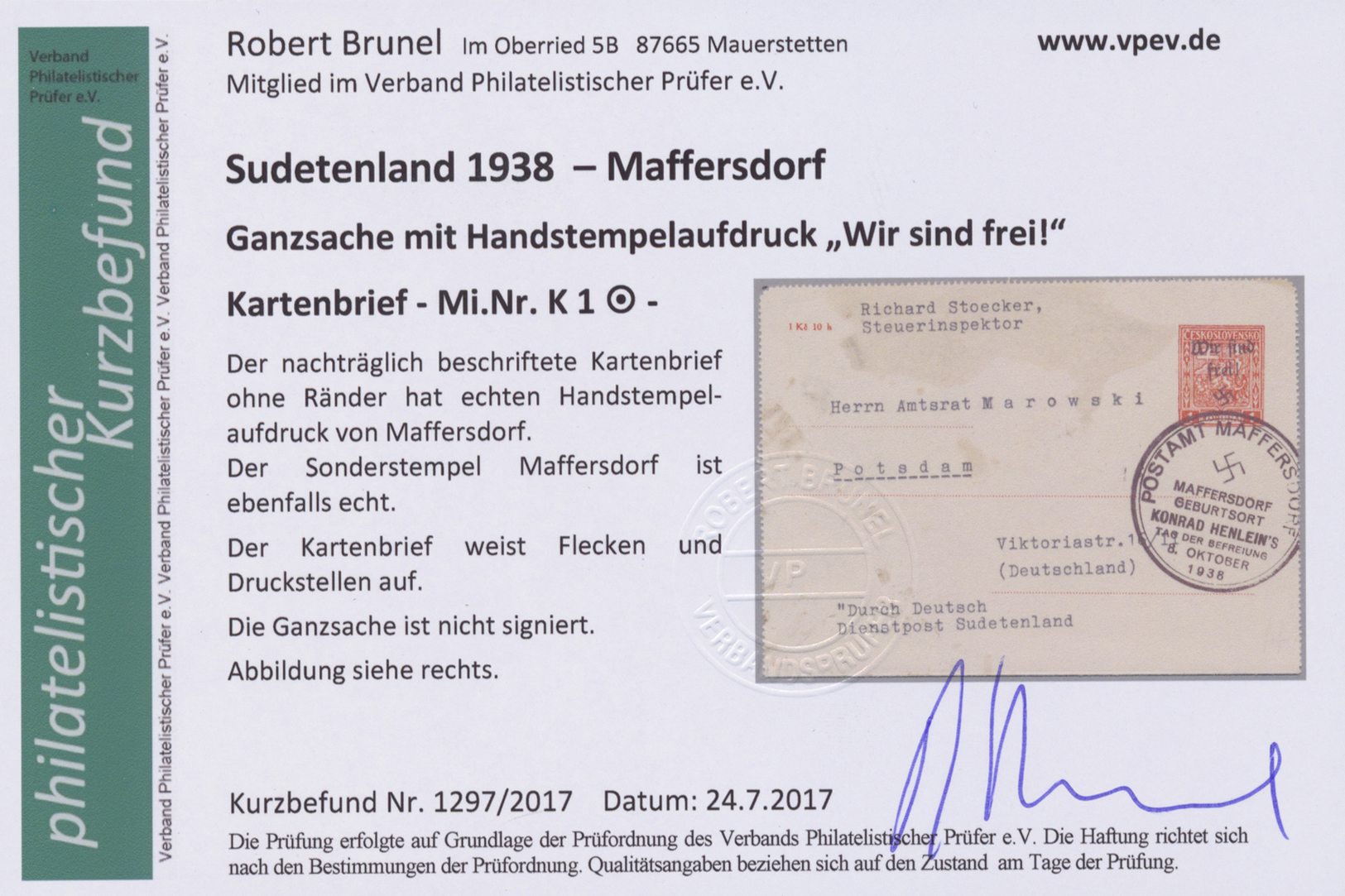 GA Sudetenland - Maffersdorf: Kartenbrief 1 Kr. In Philatelistischer Verwendung Unbedeutende Fleckchen, - Sudetenland