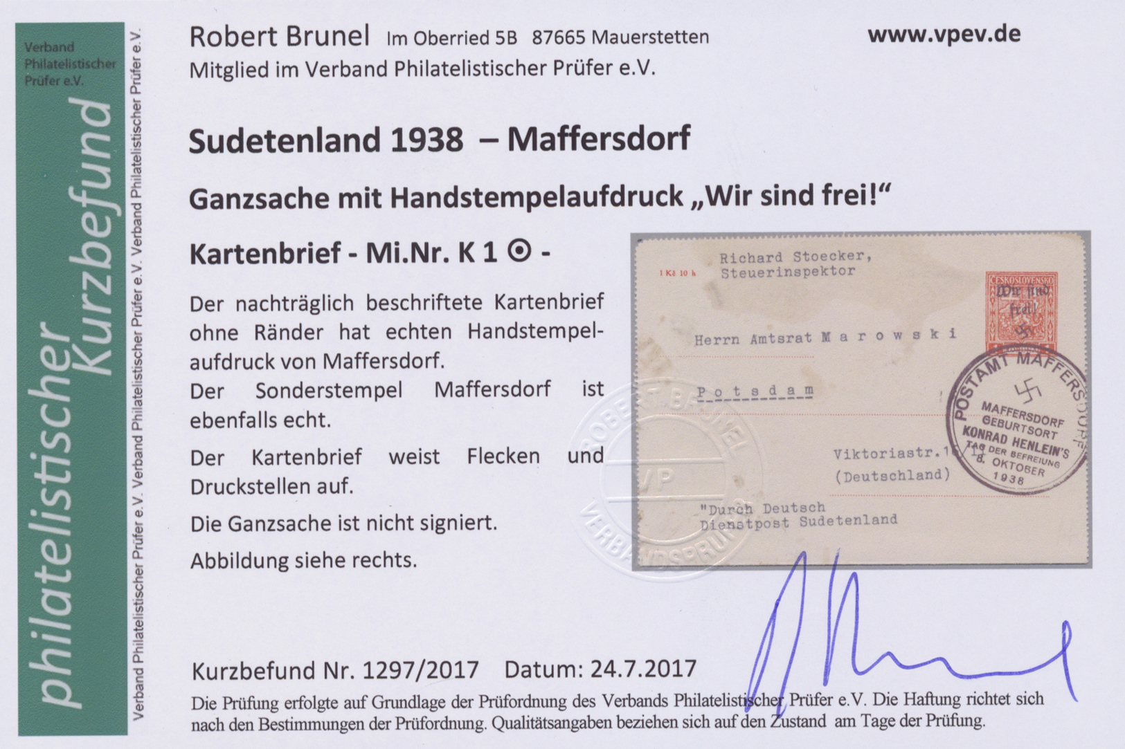 GA Sudetenland - Maffersdorf: Kartenbrief 1 Kr. In Philatelistischer Verwendung Unbedeutende Fleckchen, - Région Des Sudètes