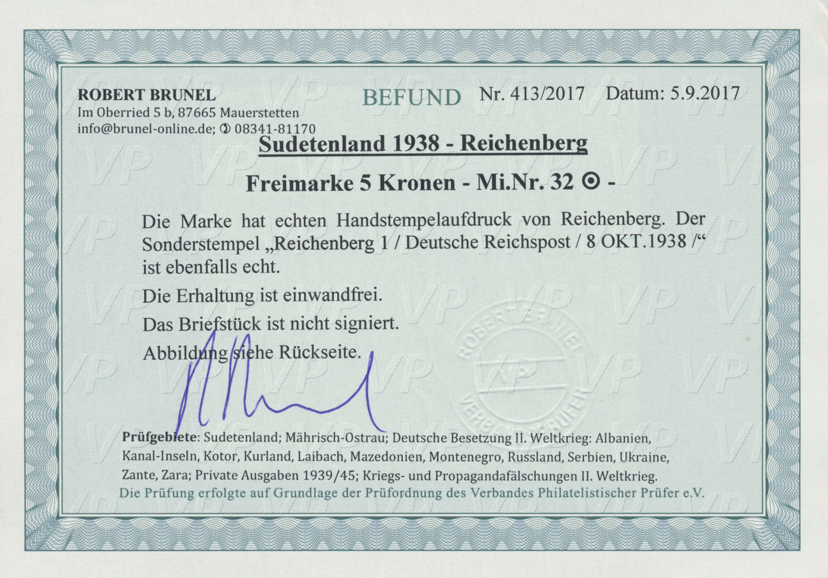 Brfst Sudetenland - Reichenberg: 1938, 5 Kc. Stadtansichten Schwarzopalgrün Mit Aufdruck Auf Kabinett-Brie - Sudetenland