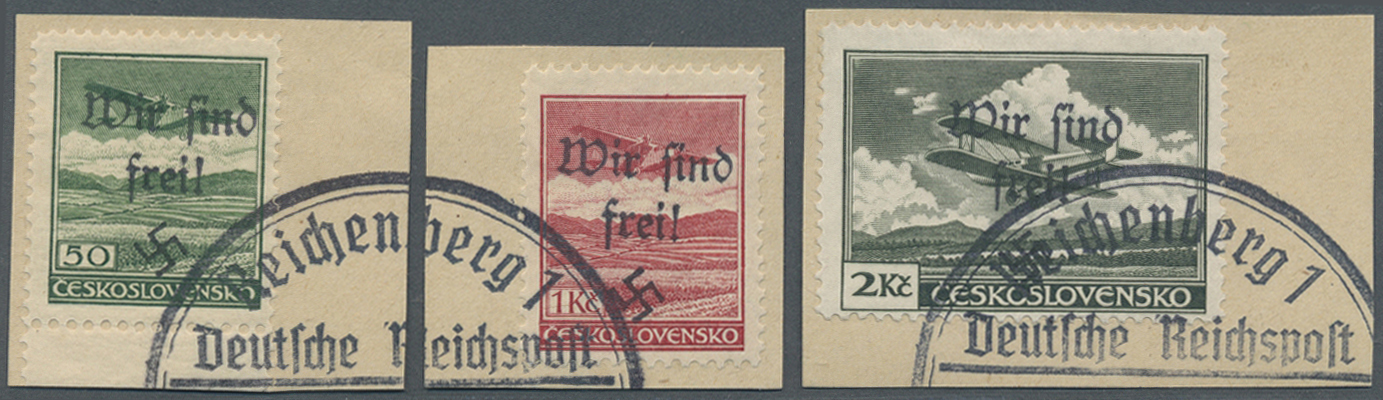 Br Sudetenland - Reichenberg: 1938, 50 H., 1 Kc. Und 2 Kc. Flugpost Auf Drei Kabinett-Briefstücken, Sig - Région Des Sudètes