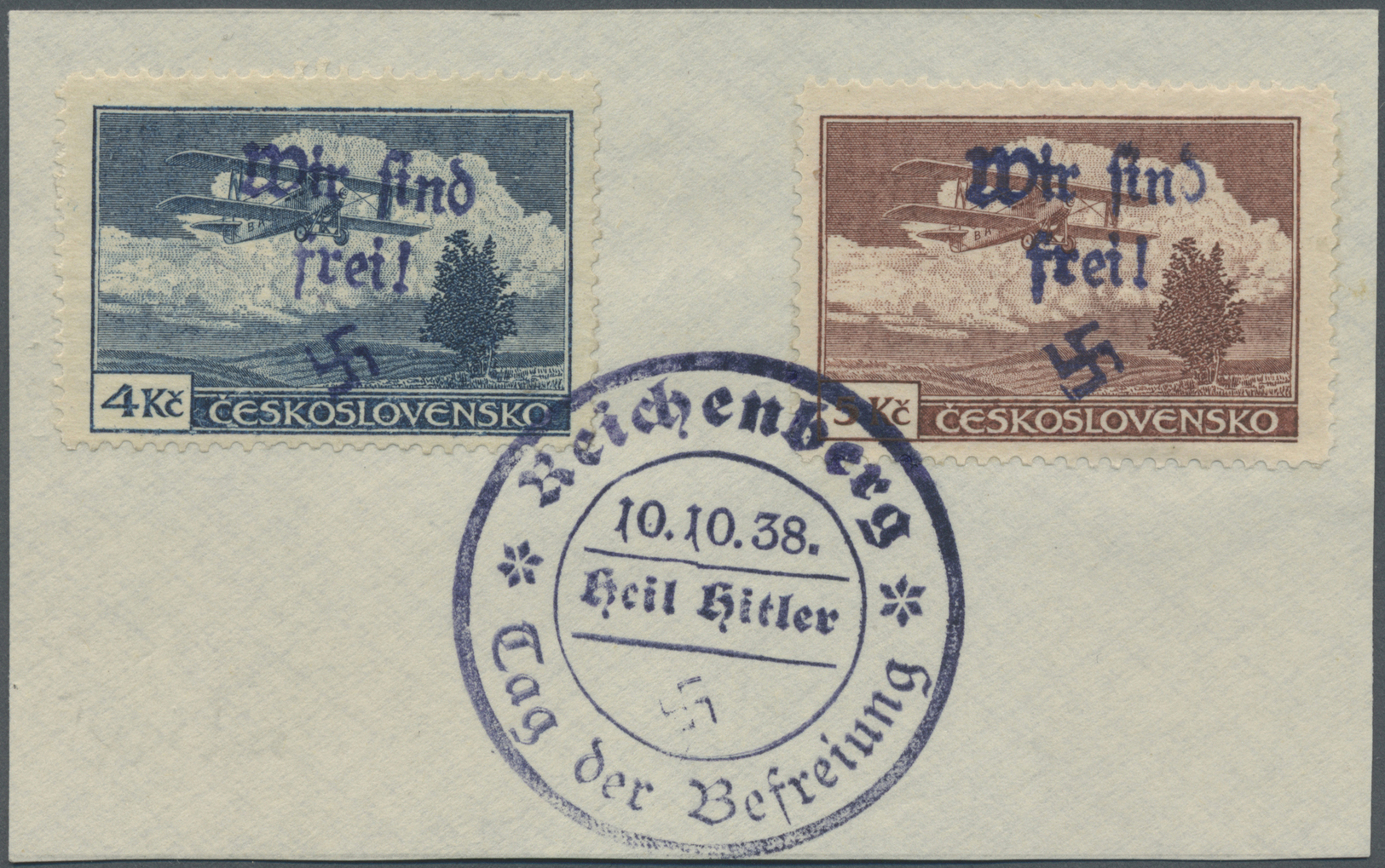 Brfst Sudetenland - Reichenberg: 1938, 4 Kc. Und 5 Kc. Flugpost Auf Kabinett-Briefstück Mit Stempel "Reich - Région Des Sudètes