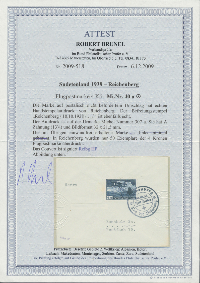Br Sudetenland - Reichenberg: 1938, 4 Kc. Flugpostmarke Im Format 32 X 21,5 Mm Mit Stempel "Reichenberg - Sudetenland