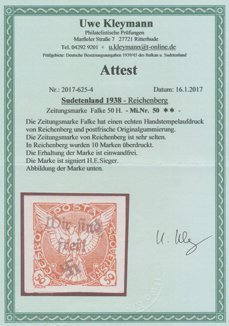 ** Sudetenland - Reichenberg: Zeitungsmarke 50 H Falke Postfrisch. Auflage: 10 St. Signiert H.E. Sieger - Sudetenland