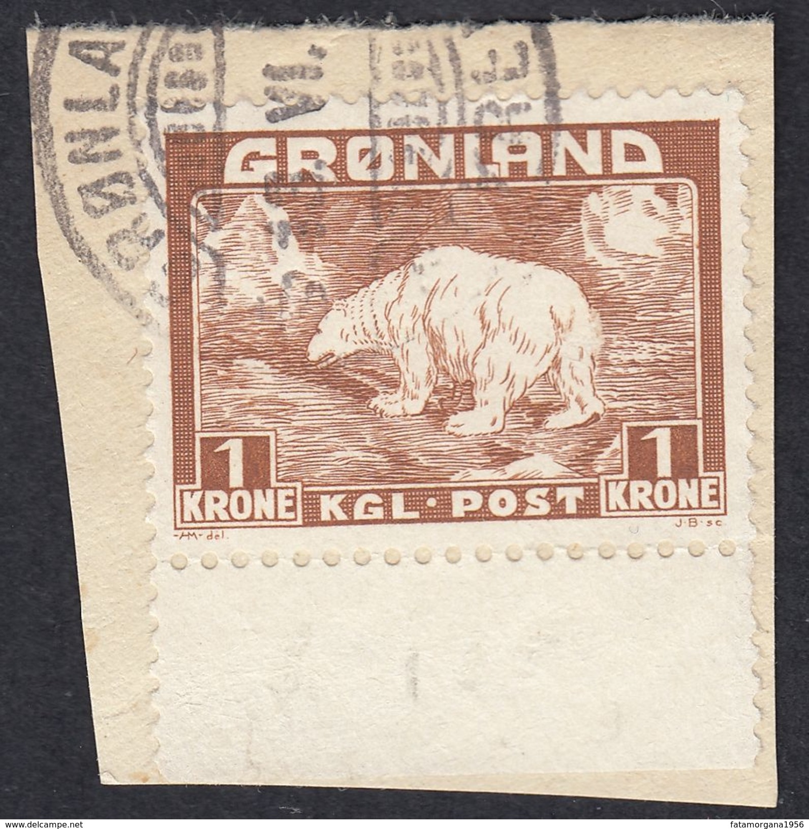 Grønland - Groenlandia - Groenland - 1938 - Yvert 9 Usato Su Frammento Di Busta, 1 K, Marrone. - Usati