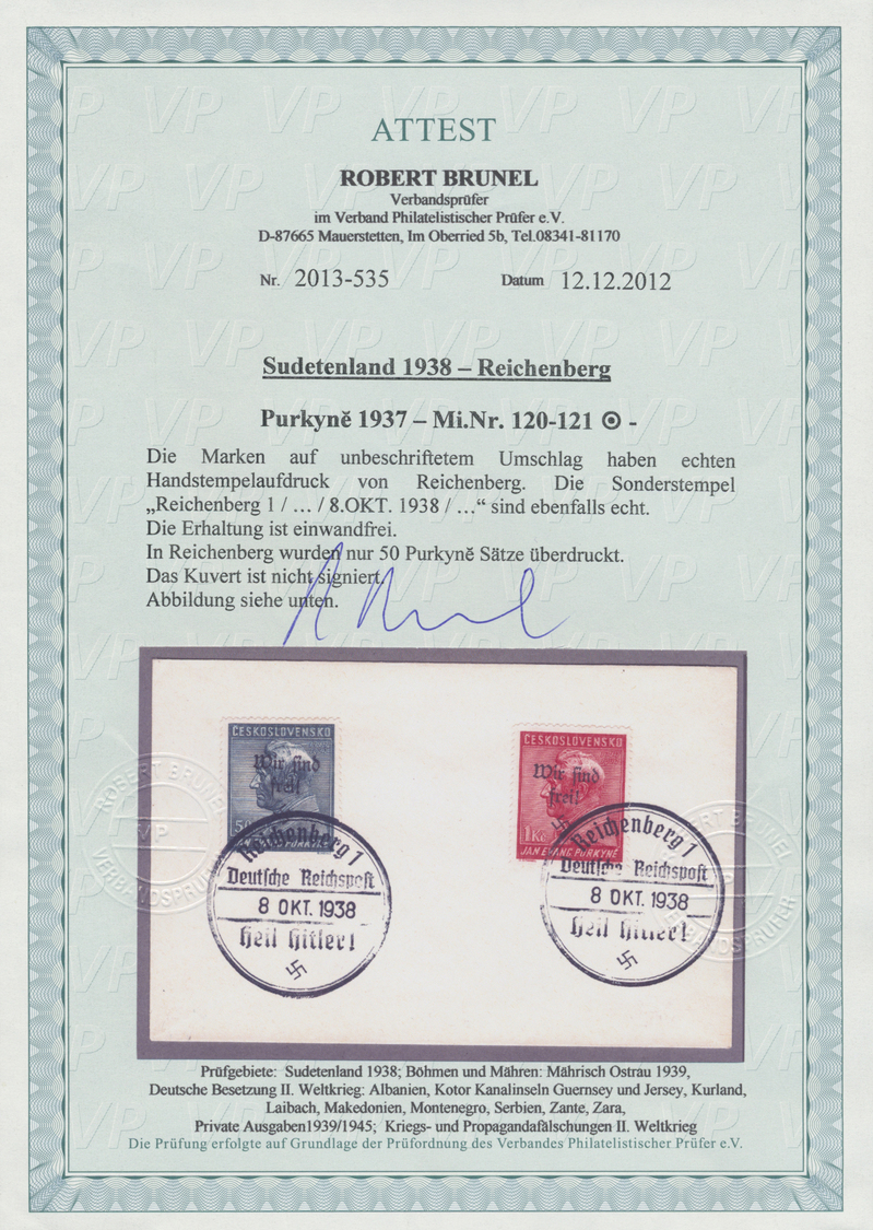 Brfst Sudetenland - Reichenberg: 1938, 50 H. Und 1 Kc. Purkyne Je Mit Stempel "Reichenberg 8.OKT.1938" Auf - Région Des Sudètes