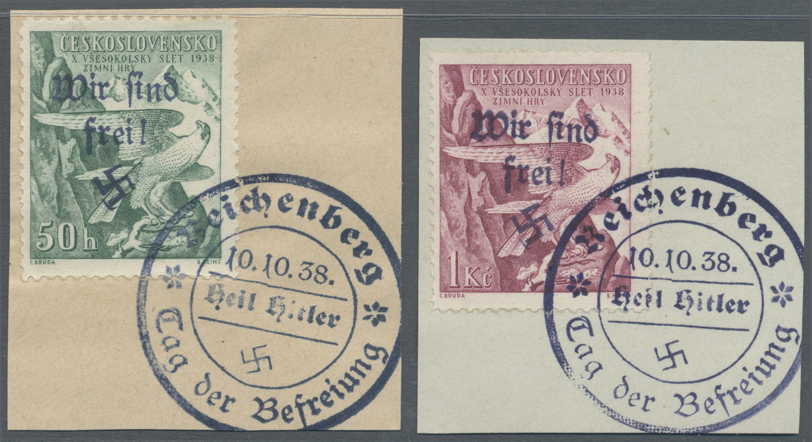 Brfst Sudetenland - Reichenberg: 1938, 50 H. Und 1 Kc. Sokol Auf Zwei Kabinett-Briefstücken, U.a. Signiert - Région Des Sudètes